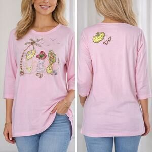 The Quacker Factory Pink Beach Beaded Flip Flop Tunic Top M QVC Coastal BFF